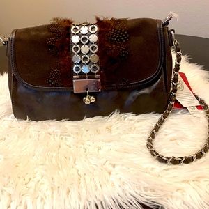 Brown leather feather studded purse